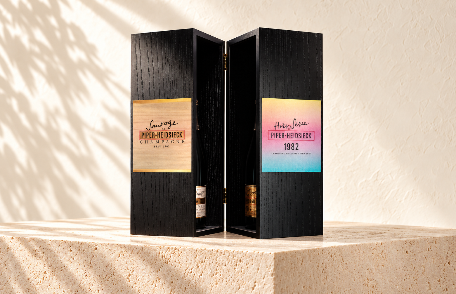 Coffrets en chêne de l'édition Piper-Heidsieck Hors-Série 1982, fabriqués sur mesure par Crossline Furniture